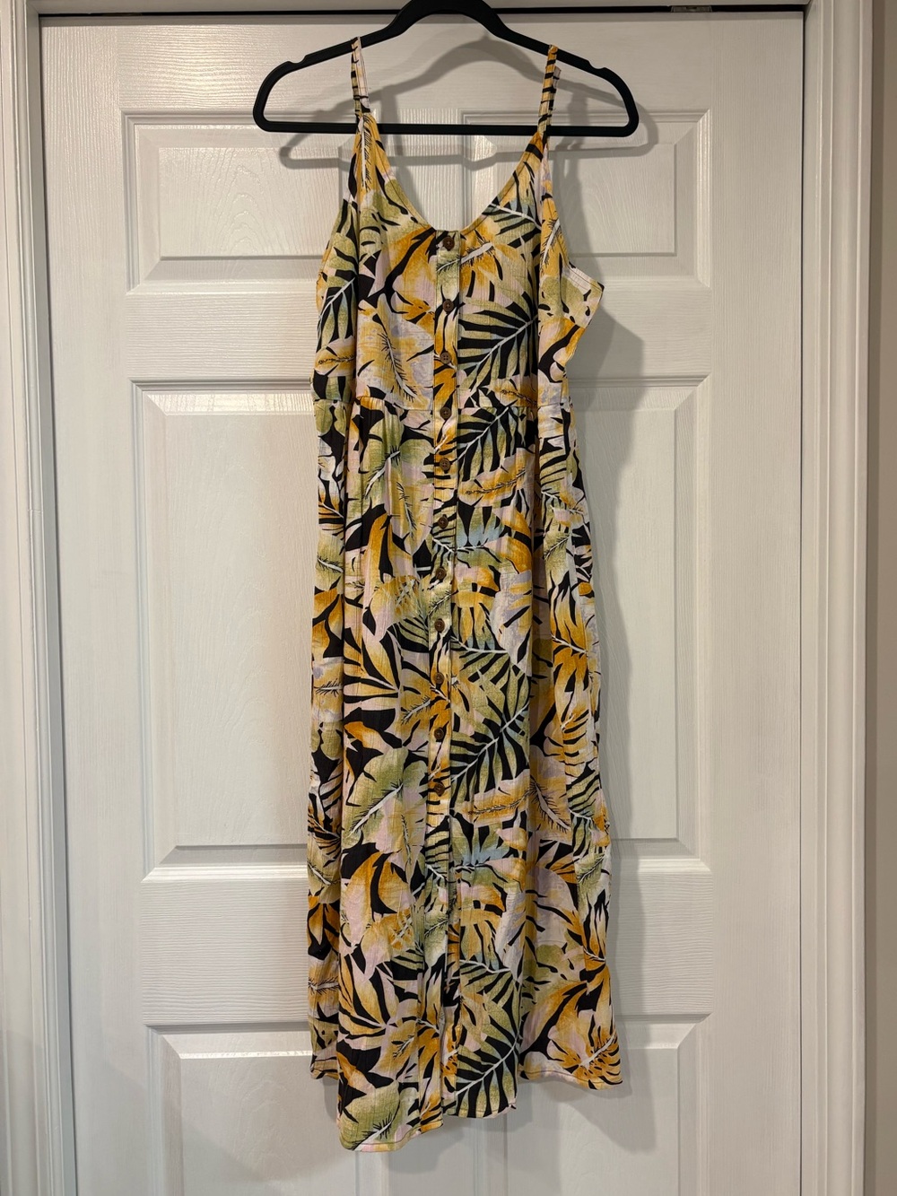 Natural Reflections Yellow, Green and Black Tropical Leaf Maxi Dress